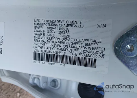 2024 Honda Civic Ex-L из США, поврежденный, VIN 19XFL1H73RE016738